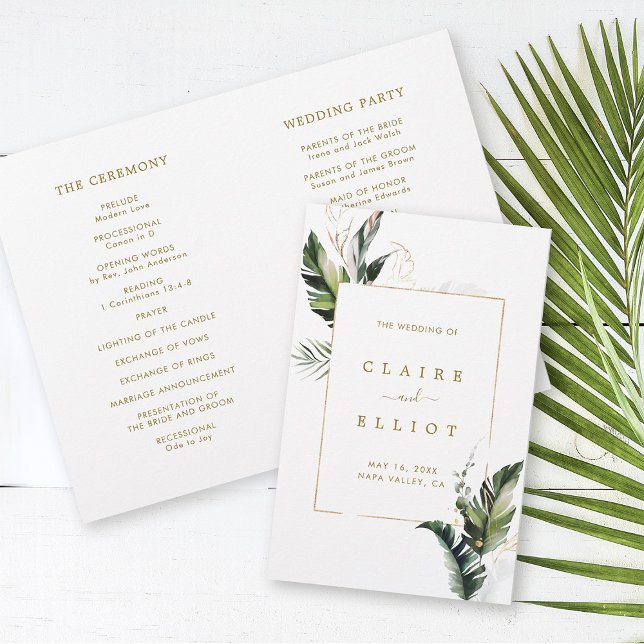 Programa de Cerimônia de Casamento Dourado de Folh (Front & Inside)