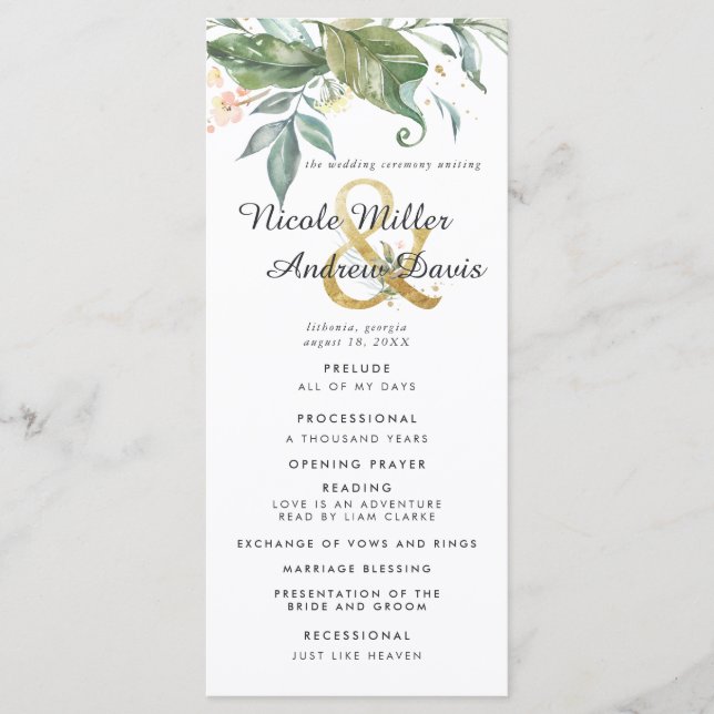 Programa de Cerimônia de Casamento Elegante Verde  (Frente)