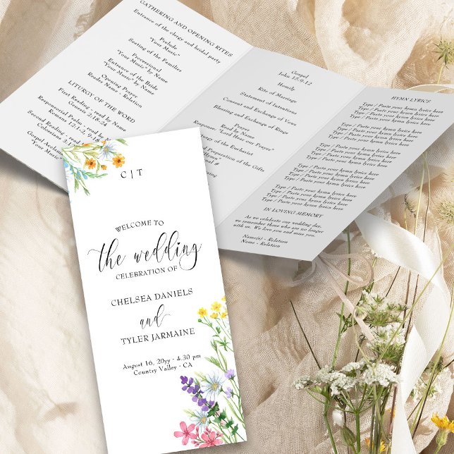 Programa de Cerimônia de Casamento em Prado de Flo (Church Wedding Ceremony Program from the Wildflower Meadow Wedding Collection by Darling & May)