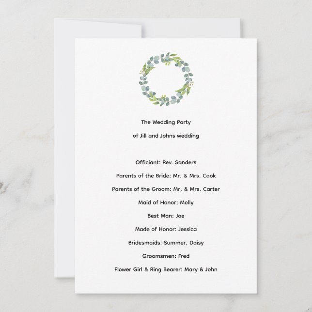 Programa de Cerimônia de Casamento Eucalipto Botân (Frente)