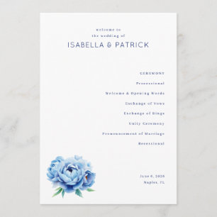 Programa de Cerimônia de Casamento Floral Azul Ele
