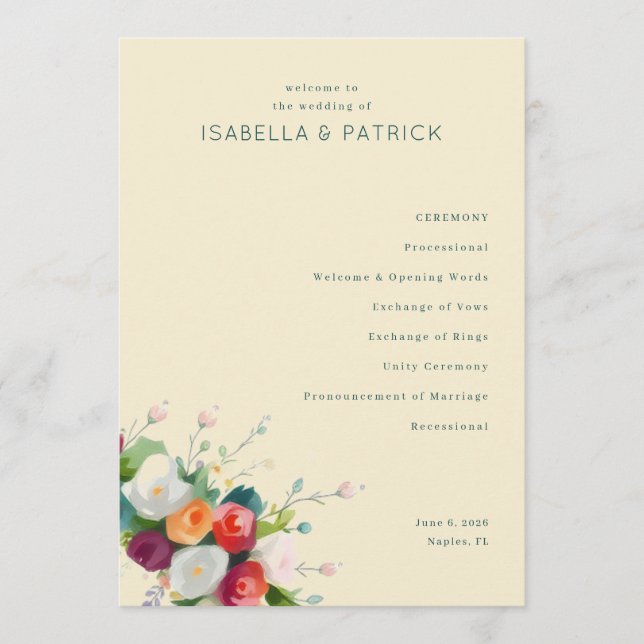 Programa de Cerimônia de Casamento Floral Bege Ele (Frente)