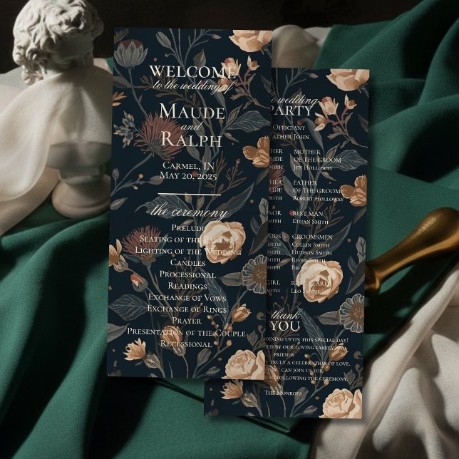 Programa de Cerimônia de Casamento Floral Preto Co (Guide your guests through your ceremony in timeless style with this Contemporary Wedding Program!)