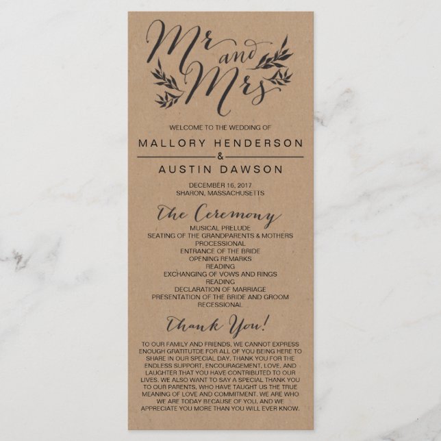 Programa de Cerimônia de Casamento Floral Rustic K (Frente)