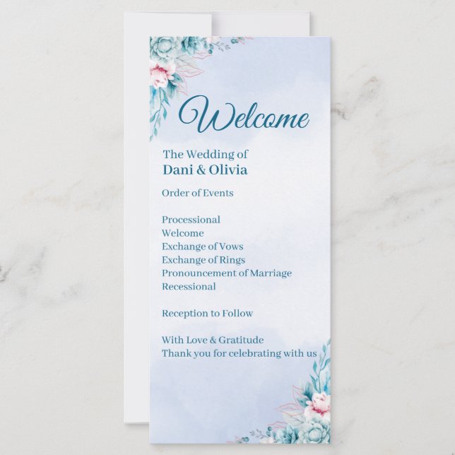 Programa de Cerimônia de Casamento Floral Turquesa (Frente)