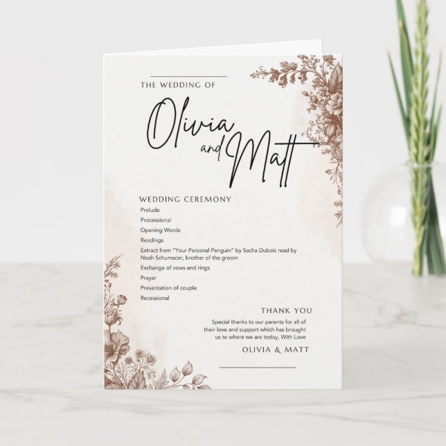 Programa de Cerimônia de Casamento – Marrom Floral (Frente)