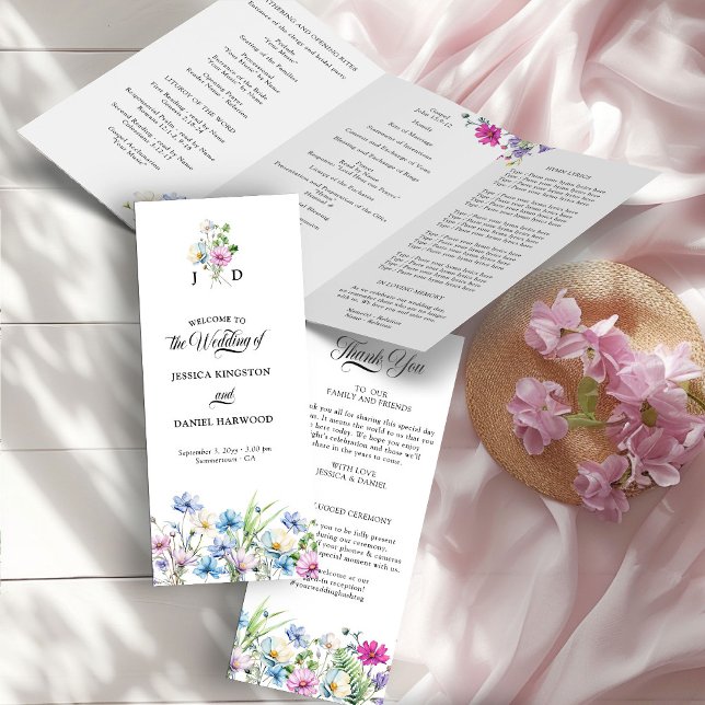 Programa de Cerimônia de Casamento no Jardim de Fl (Trifold wedding program from the Wildflower Garden Wedding Collection by Darling & May)