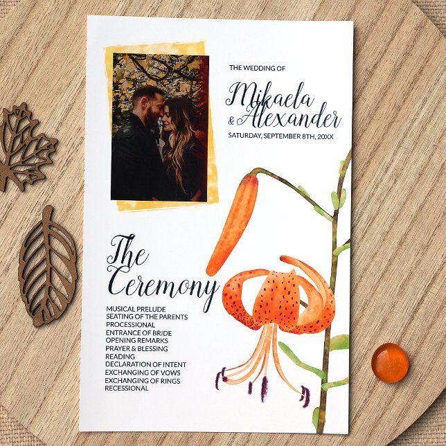 Programa de Cerimônia de Casamento Orange Tiger Li (Orange Tiger Lily Wedding Ceremony Program for a Fall Wedding)