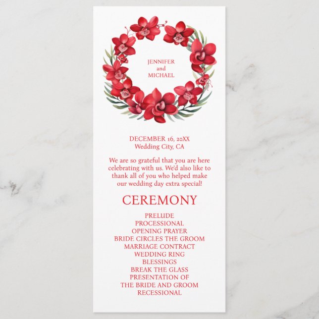 Programa de Cerimônia de Casamento Orquídeas Verme (Frente)
