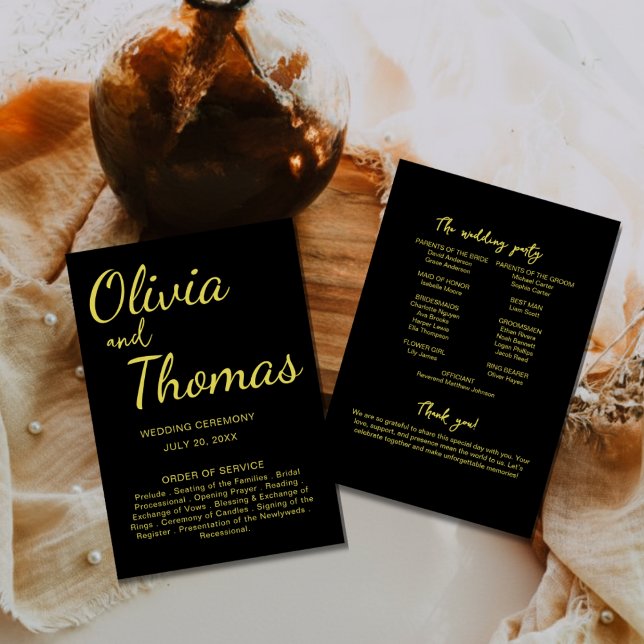 Programa de Cerimônia de Casamento Preto e Dourado (Criador carregado)