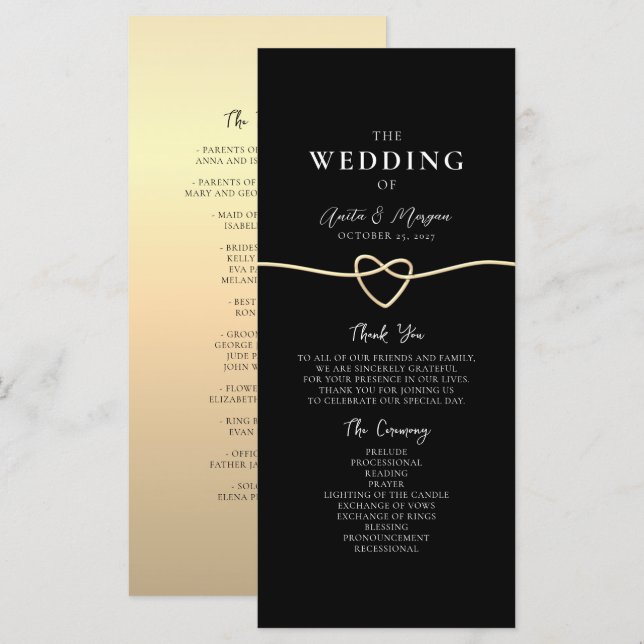 Programa de Cerimônia de Casamento Preto e Dourado (Frente/Verso)