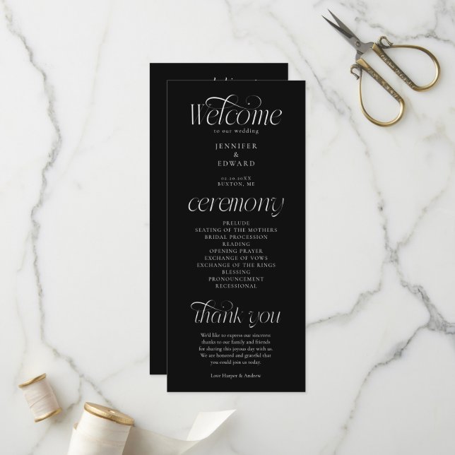 Programa de Cerimônia de Casamento Preto Tipografi (Frente/Verso In Situ)
