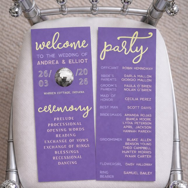 Programa de Cerimônia de Casamento Retro Roxo de P (Criador carregado)