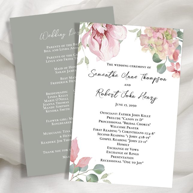 Programa de Cerimônia de Casamento Rosa Floral (Wedding floral ceremony program template. )