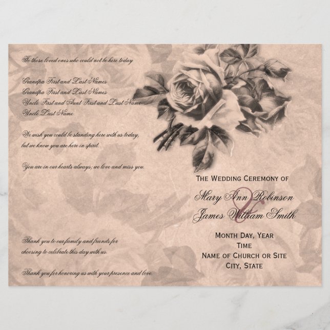 Programa de Cerimônia de Casamento Rosas Sepia (Frente)