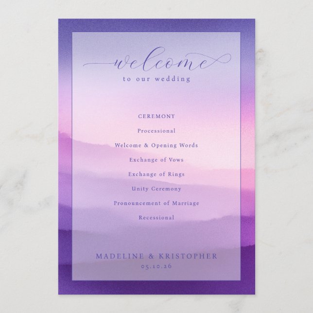 Programa de Cerimônia de Casamento Roxo Sereno (Frente)