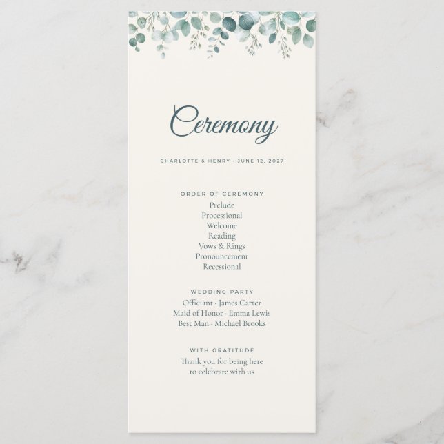 Programa de Cerimônia de Casamento Sage Eucalipto (Frente)