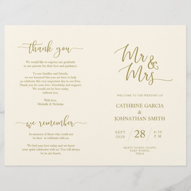 Programa de Cerimônia de Casamento, Script Elegant (Frente)