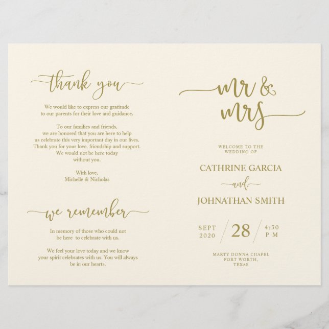 Programa de Cerimônia de Casamento, Script Elegant (Frente)