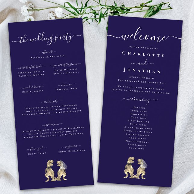 Programa de Cerimônia de Casamento Tema Dinossauro (Dinosaur theme wedding ceremony program card navy blue & white Elegant modern script T-Rex dino )