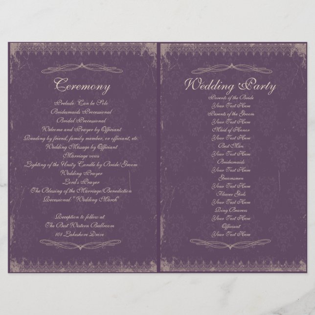 Programa de Cerimônia de casamento vintage (Frente)