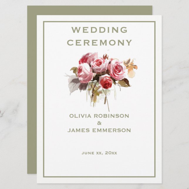 Programa de Cerimônia de Rosas de Aquarela Antigos (Frente/Verso)