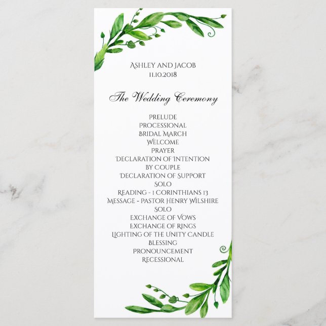 Programa de cerimônia verde. Casamento de jardim.  (Frente)