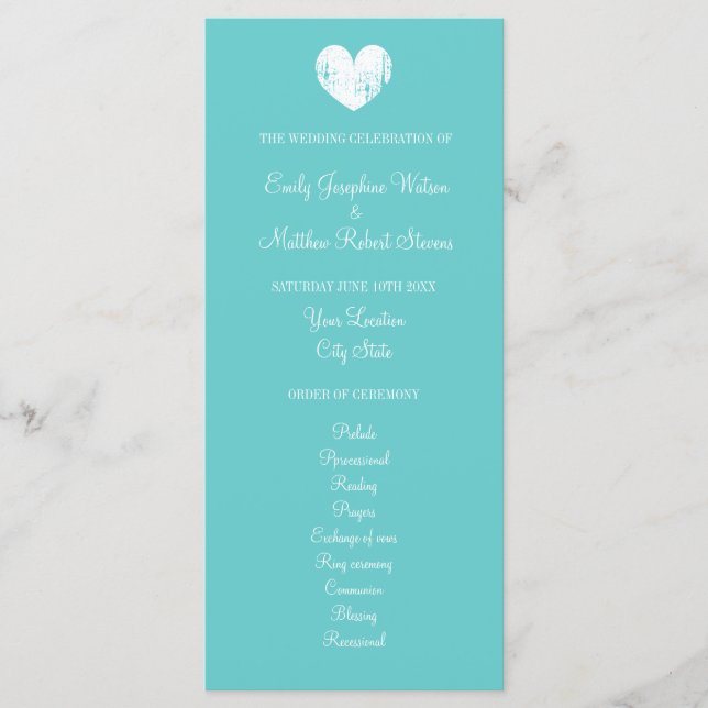 Programa de cerimônias de casamento azul-turquesa  (Frente)