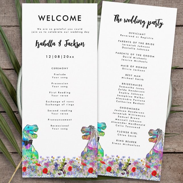 Programa de Dia de Casamento do Tema do Dinossauro (Dinosaur wedding colorful T-Rex bride and groom and wildflowers day of the wedding program )