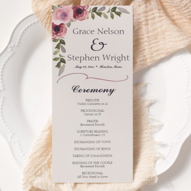 Programa de Evento de Casamento de Flor Cor-de-Águ (watercolor floral botanical pink rose flower wedding program)