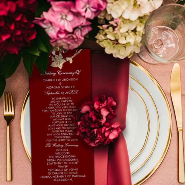 Programa de eventos Dourados da Borboleta Maroon R (Burgundy Gold Floral Event Program Maroon Red)