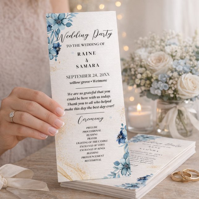 Programa de Festa de casamento Floral Russo Azul e (Blue & White Rustic Floral Wedding Party Program)