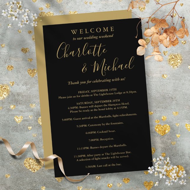 Programa de Fim de Semana de Casamento Black And G (Black And Gold Guest Wedding Weekend Program)