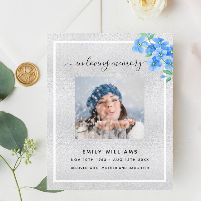Programa de funeral de foto floral azul de prata (Criador carregado)