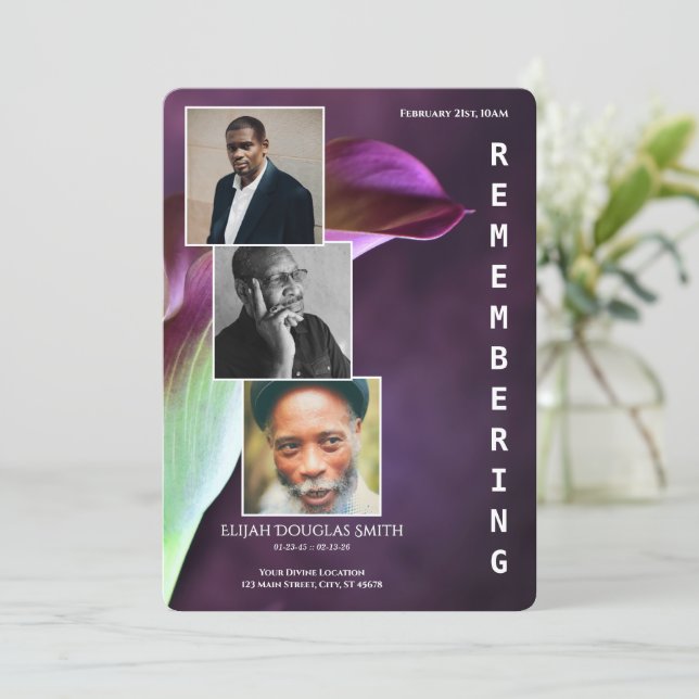 Programa de Funeral de Lírio-de-Calla Roxo com 3 F (Em pé/Frente)