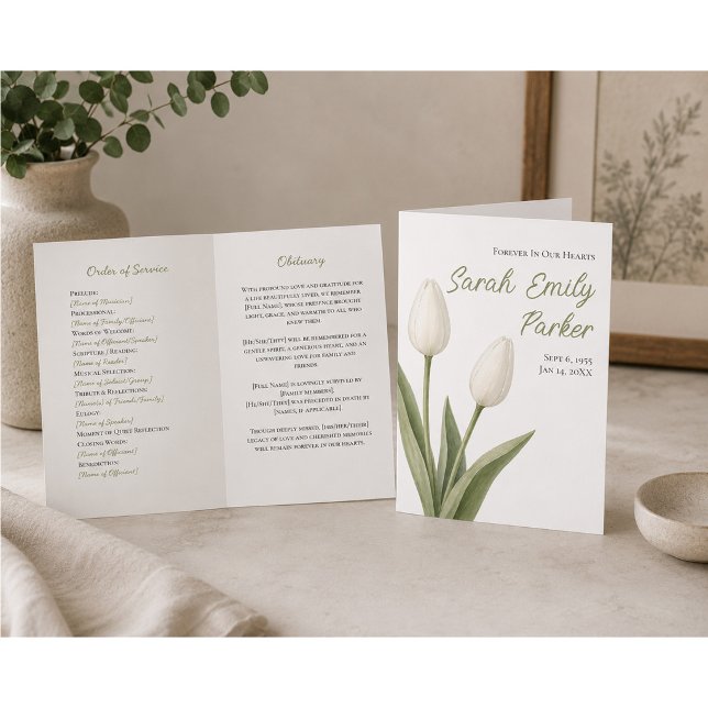 Programa de Funeral de Tulipas Brancas Minimalista (Criador carregado)