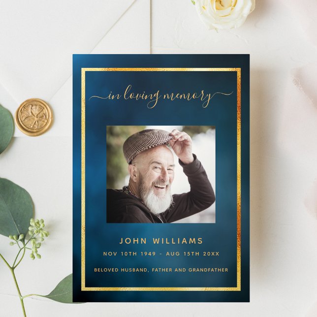 Programa de funerárias triplo de foto de ouro azul (Criador carregado)