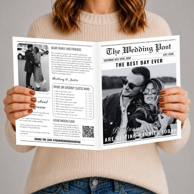 Programa de Jornal de Casamento Clássico Preto e B (wedding newspaper program)