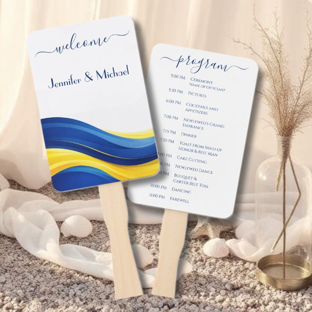 Programa de Leque de Casamento Azul Cobalto e Amar (Cobalt Blue & Lemon Yellow Wedding Fan Program)