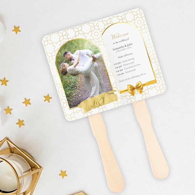 Programa de Leque de Cerimônia de Casamento Arco G (Gold & Ivory Geometric Art Deco Wedding Program Fan)