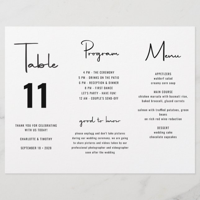 Programa de Menu de Casamento de Roteiro Minimalis (Frente)