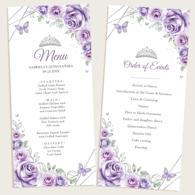 Programa de Menu Floral Roxo Lilás para Quinceaner (Criador carregado)