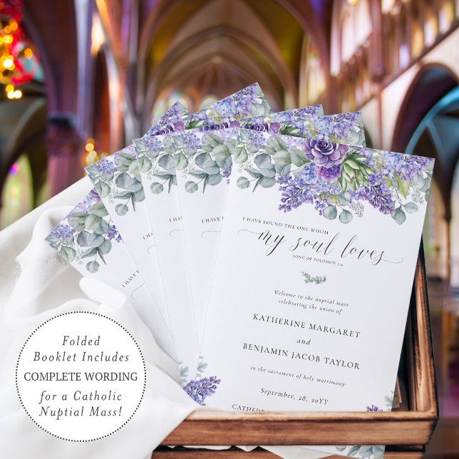 Programa de Missa de Casamento Católica Katherine  (Elegant folded Catholic wedding program for full nuptial mass with purple succulents and greenery)