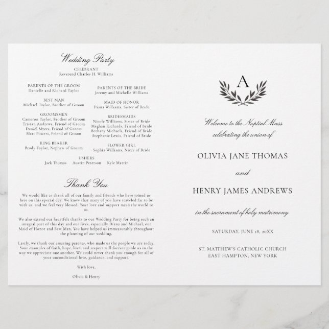Programa de Missa de Casamento Católica Olivia Pre (Frente)