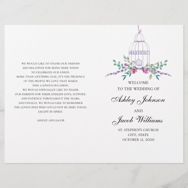 Programa de naves de casamento dobrado. Flores rox (Frente)