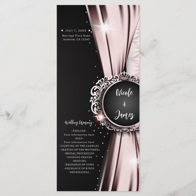 Programa de Noivado Elegante Preto e Rosa de Luxo (Frente)