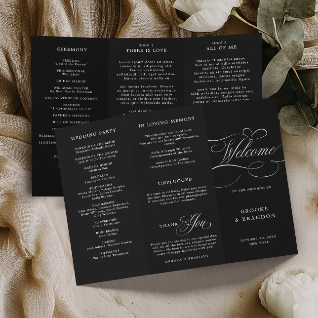 Programa de núpcias negras para eternos de caligra (Modern calligraphy timeless black and white wedding Program)
