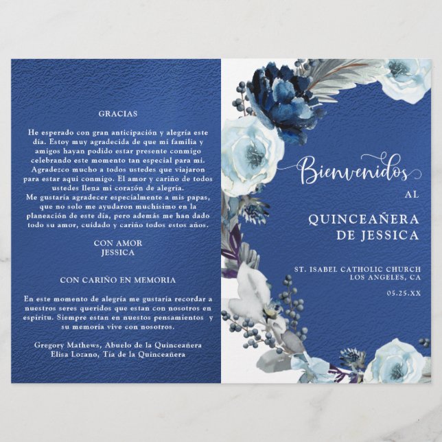 Programa de Quinceañera Azul Rey Azul Marino (Frente)