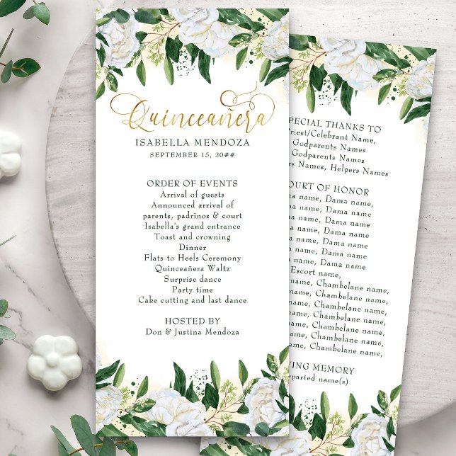 Programa de Quinceanera Floral de Peônias Verde e  (Quinceanera program and order of events from my Emerald Greenery & White Peony collection)