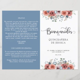 Programa de Quinceanera Floral Espanhol, Azul e Es